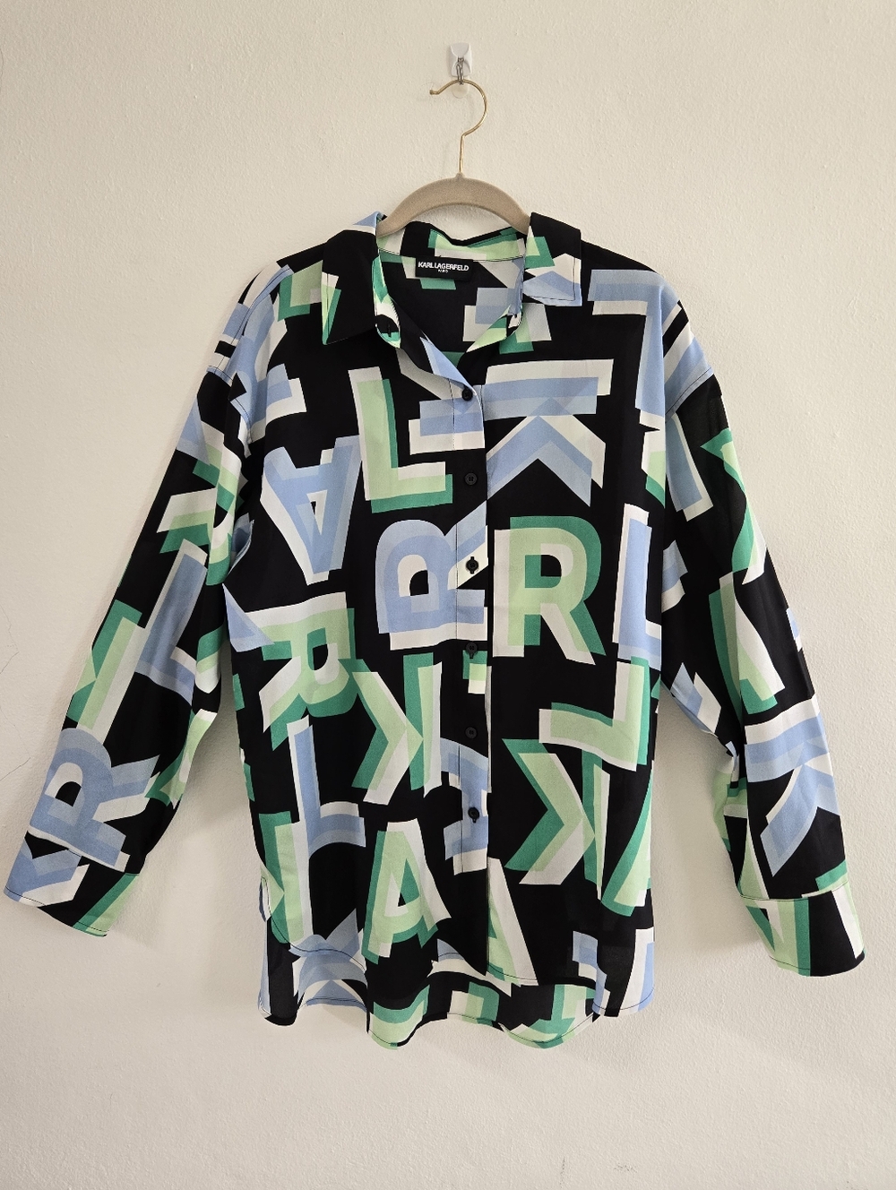 Karl Lagerfeld Black Button-Down Shirt with Green & Light Blue Graphic Letters